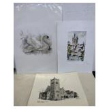 3 prints Church, watercolor, swan