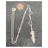 Silver feather pendant box chain Marked 925.