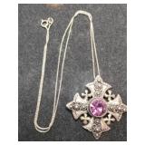 Silver purple stone pendant box chain Marked 925