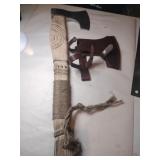 Hatchet brown wooden carved handle w/sheath