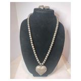 Silver tone beaded puffy heart necklace with