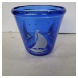 Small anchor Hocking blue glass with sailboat