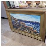 Framed V.Bennet painting on canvas sea rock