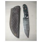 Handmade fixed blade Damascus knife w/ sheath 4'