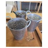 3 galvanized olive buckets