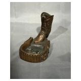 Copper figural ashtray of cowboy boot on