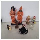 Assorted small figures and glass dog