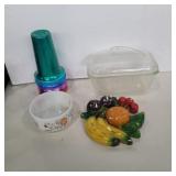 Fire king snoopy bowl, chalkware fruit, metal