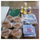 Paper football napkins, green plates, cups, gift