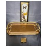Vanity tray 20', old compact, butterfly art 15x6'