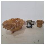 Slag glass ruffled bowl, cup, toothpick holder