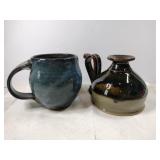 pottery mug and candle holder both signed