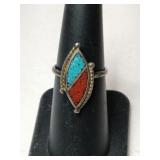 Silver turquoise - Coral ring unmarked size 5.