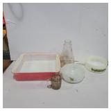 Pyrex, fire king, oven ware glass dishes and pan
