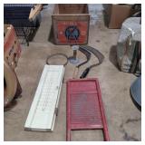 Wood apple box, washboard, hand tools, shutters