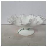 Fenton ruffled white glass pedestal dish 4in tall