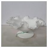 Fenton ruffled white glass pedestal dish 4in tall