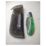 Handmade green foldable knife in case