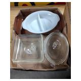 Two boxes of assorted Pyrex and Corning ware.