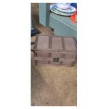 Small wooden 12x6in doll box with doll