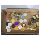 Medallion coins, miniature bottles, a 'Scripto'