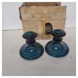 2 blue tiara glass candle holders