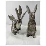 2 silver metallic Rabbit Statues