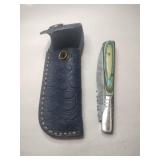 Handmade green/blue foldable knife in case