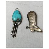 Silver boot pin and turquoise pendant Marked