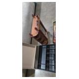 Metal cash box no key, shoe brush, and small