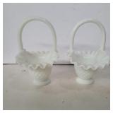 2 Fenton white glass ruffled edge baskets 6.5in