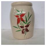 Painted crock canister missing lid 9in tall 6in