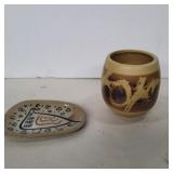 Stone ware vase 4in and signed stone ware dish