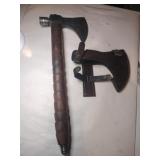 Hatchet brown wooden carved handle w/sheath