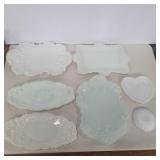 6 White glass trays 4in,9in, 10in