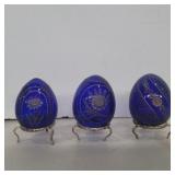 3 cobalt blue etched glass eggs with stands