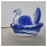 Blue slag glass turkey on nest 4in tall 5in
