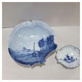 2 German blue and white bowls 5in and 9.5in