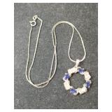 Silver circle Blue /clear Stone pendant and chain