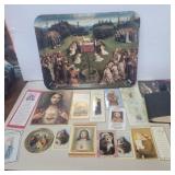 Religious plastic tray, picture, snd prayer cards