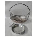 Wire woven basket and Italian wine pewter
