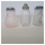3 glass sugar shakers mosser, crystal, and clear