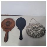 3 mirrors 1 carved wood hand mirror, 1