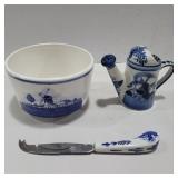 Blue delft water can 4in, cheese knife and