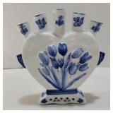 Blue delft heart shaped bud vase 6.5in