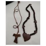Hand carved wooden necklaces heart and "T"