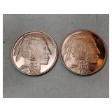 2 Indian /buffalo .999 fine copper rounds