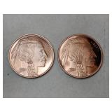 2 Indian /buffalo .999 fine copper rounds