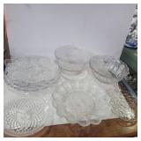 Clear glass platters, bowl, egg plate, and more