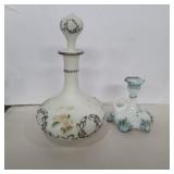1 frosted white glass decanter 9.5in and 1
